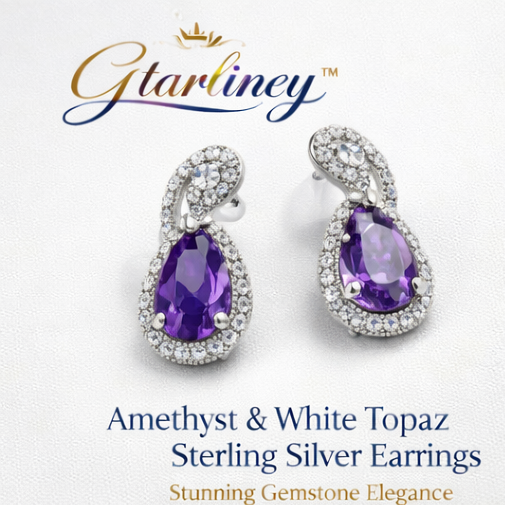 Gtarliney™ Amethyst & White Topaz Sterling Silver Earrings, Birthstone gifts, evening wear, gemstone jewelry lovers