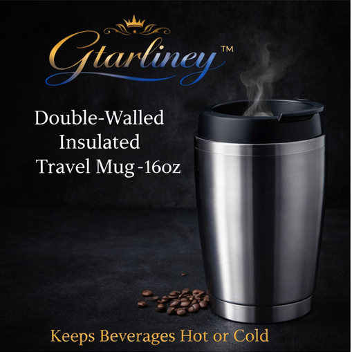 Gtarliney™ Double-Walled Insulated Travel Mug - 16oz Commuters, coffee drinkers, on-the-go